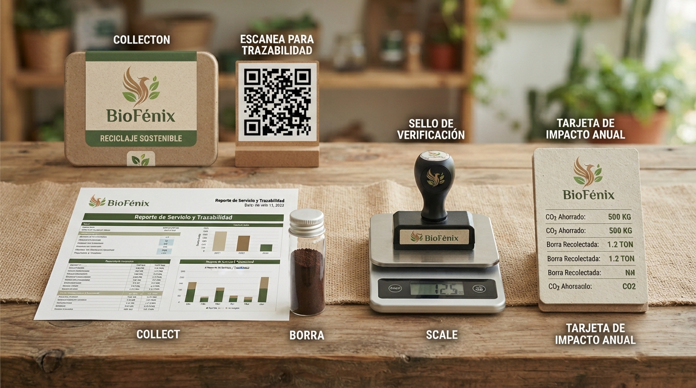Kit visual de trazabilidad BioFenix con reporte, QR, sello y borra recuperada